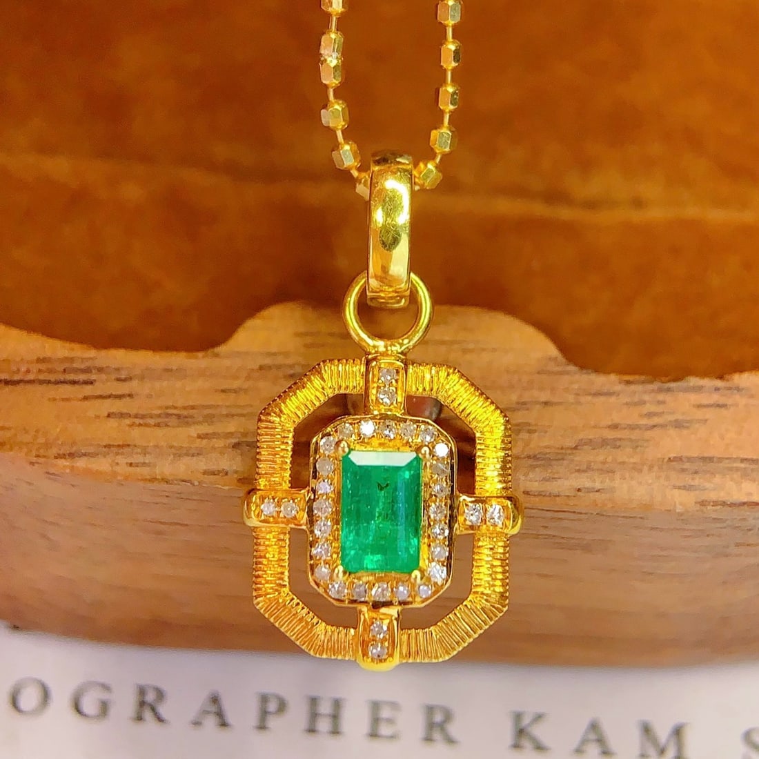 14k Gold 0.4 Ct Natural Emerald & Diamond Pendant( Without Chain ) - 2