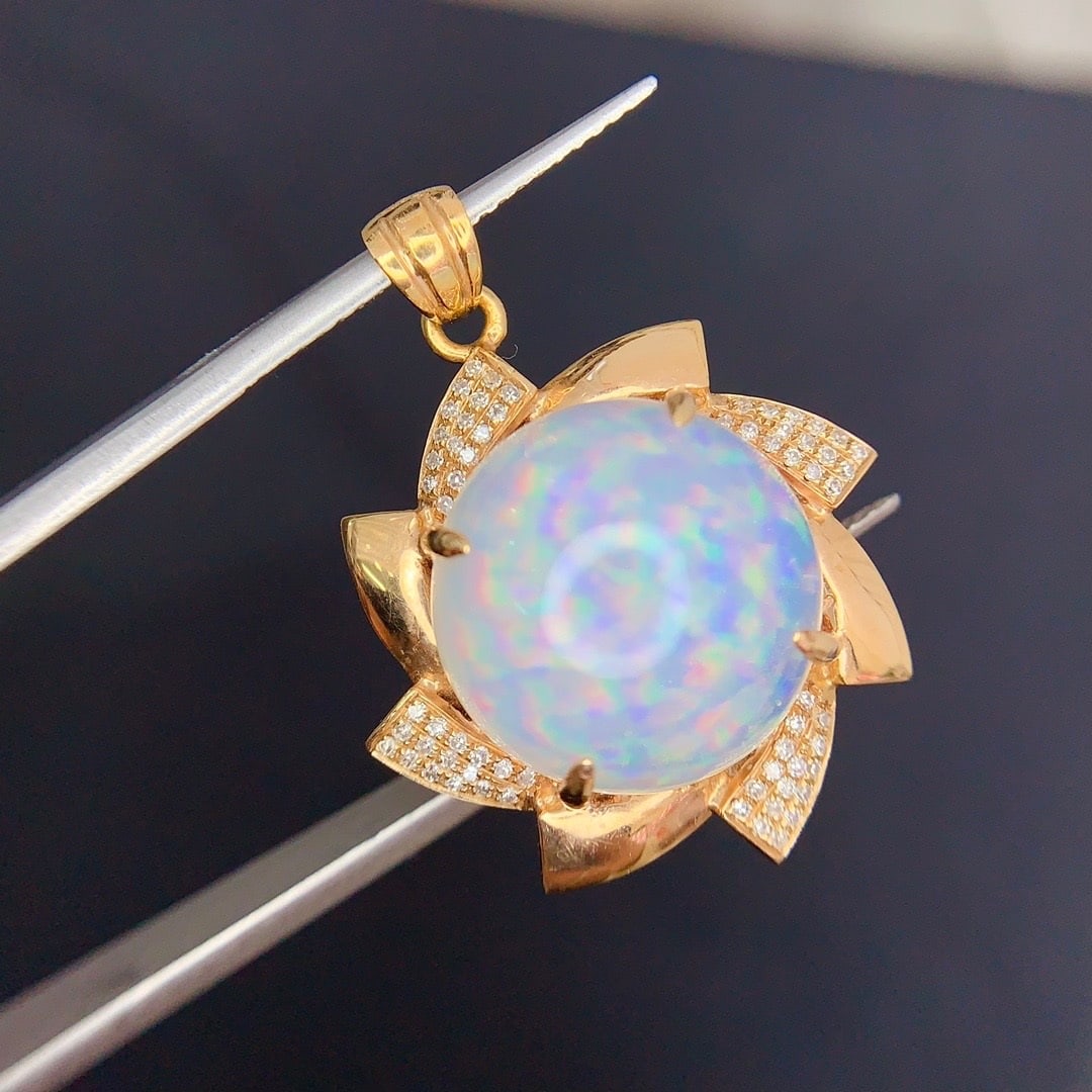 14k Gold 9.8 Ct Natural Opal & Diamond Pendant( Without Chain ) - 2