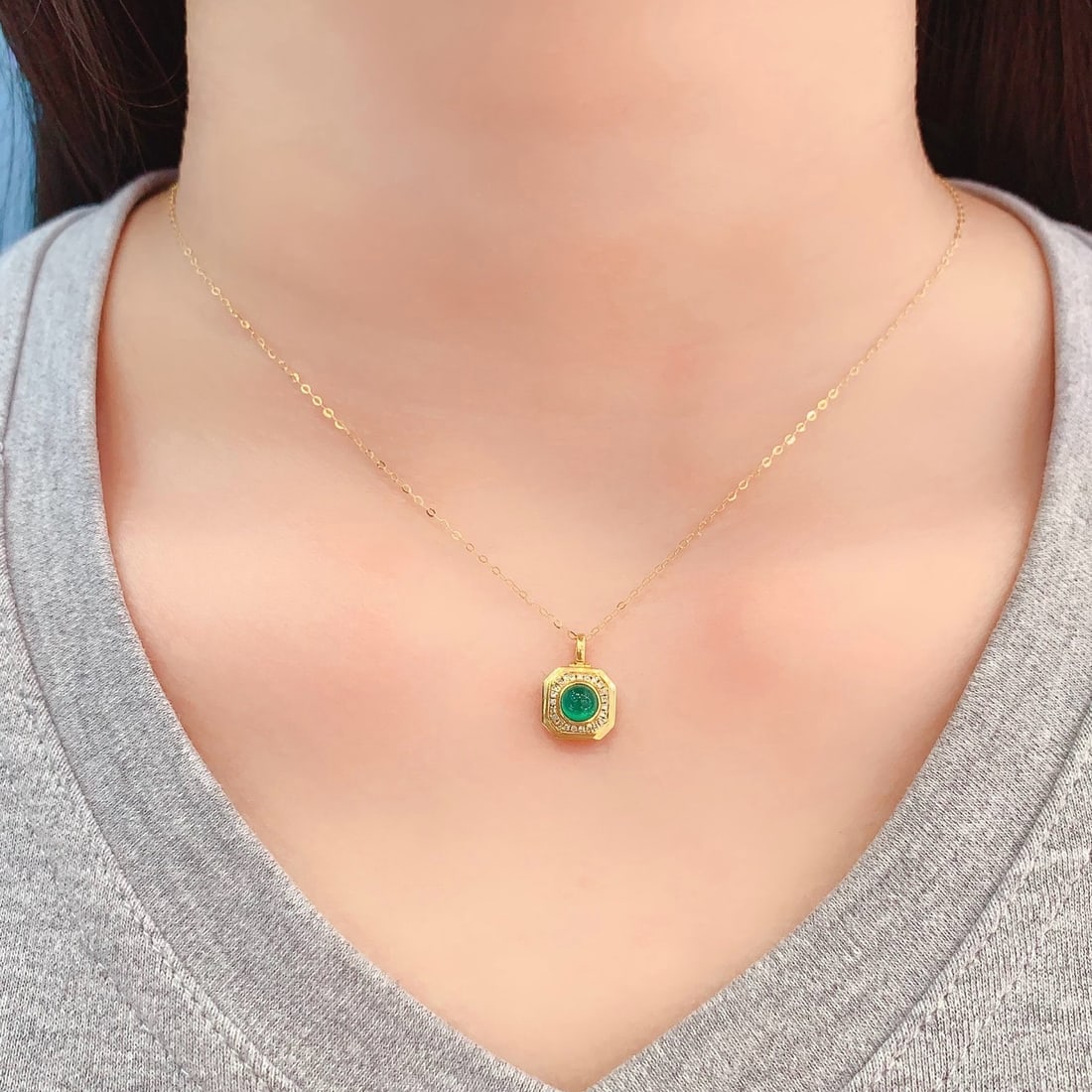 14k Gold 0.45 Ct Natural Emerald & Diamond Necklace - 6