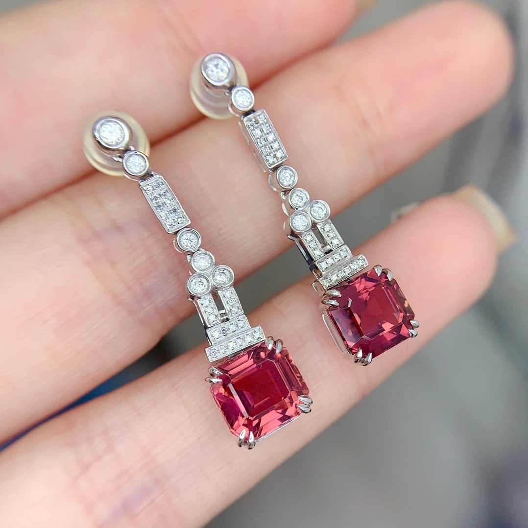 14k Gold 4.9 Ct Natural Tourmaline & Diamond Earrings - 2