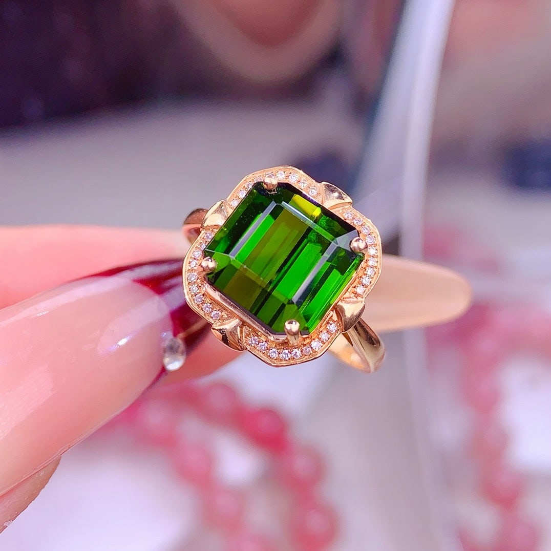 14k Gold 5 Ct Natural Tourmaline & Diamond Ring - 2