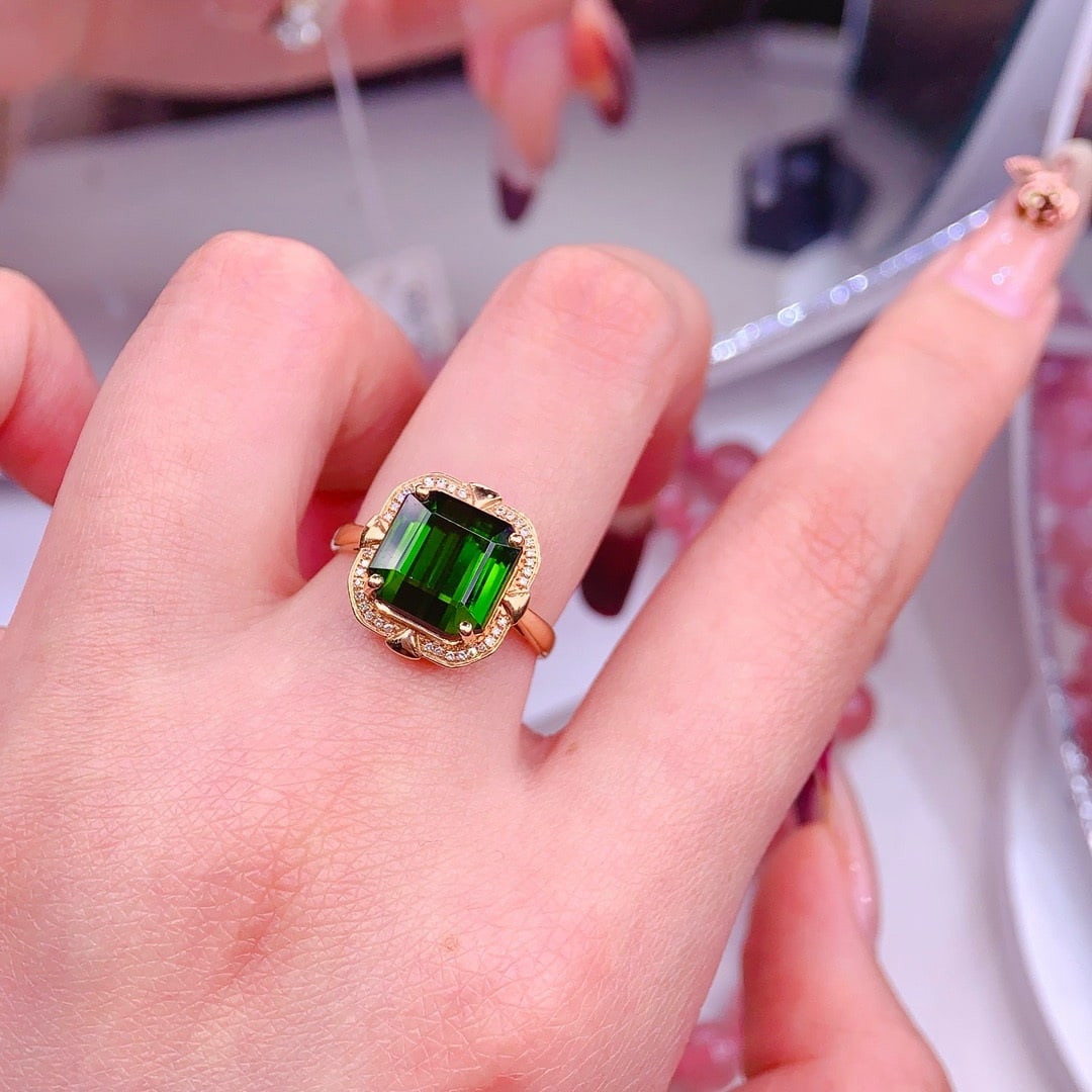 14k Gold 5 Ct Natural Tourmaline & Diamond Ring - 4