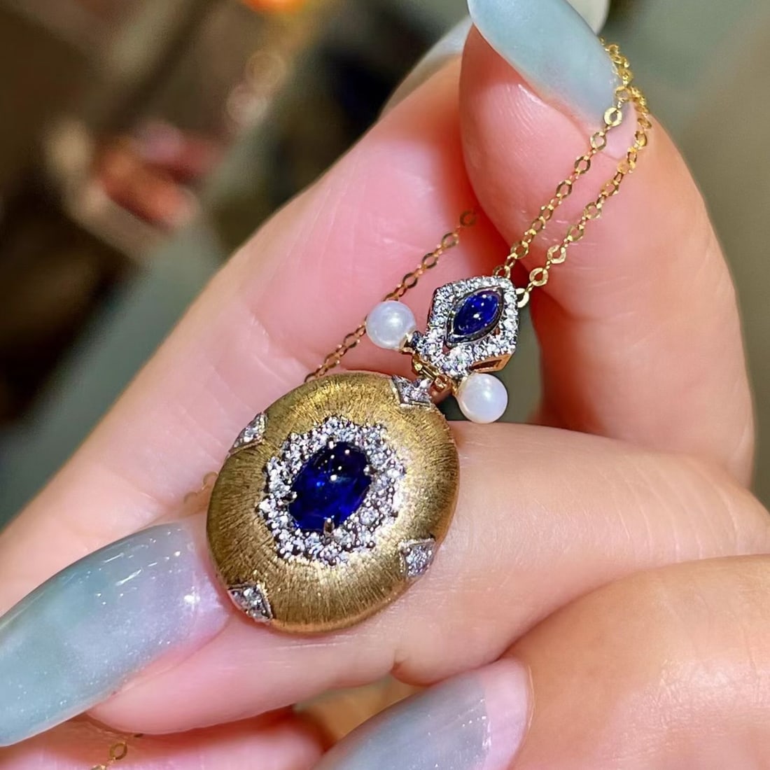 14k Gold 0.87 Ctw Natural Sapphire & Diamond Pendant( Without Chain ) - 2