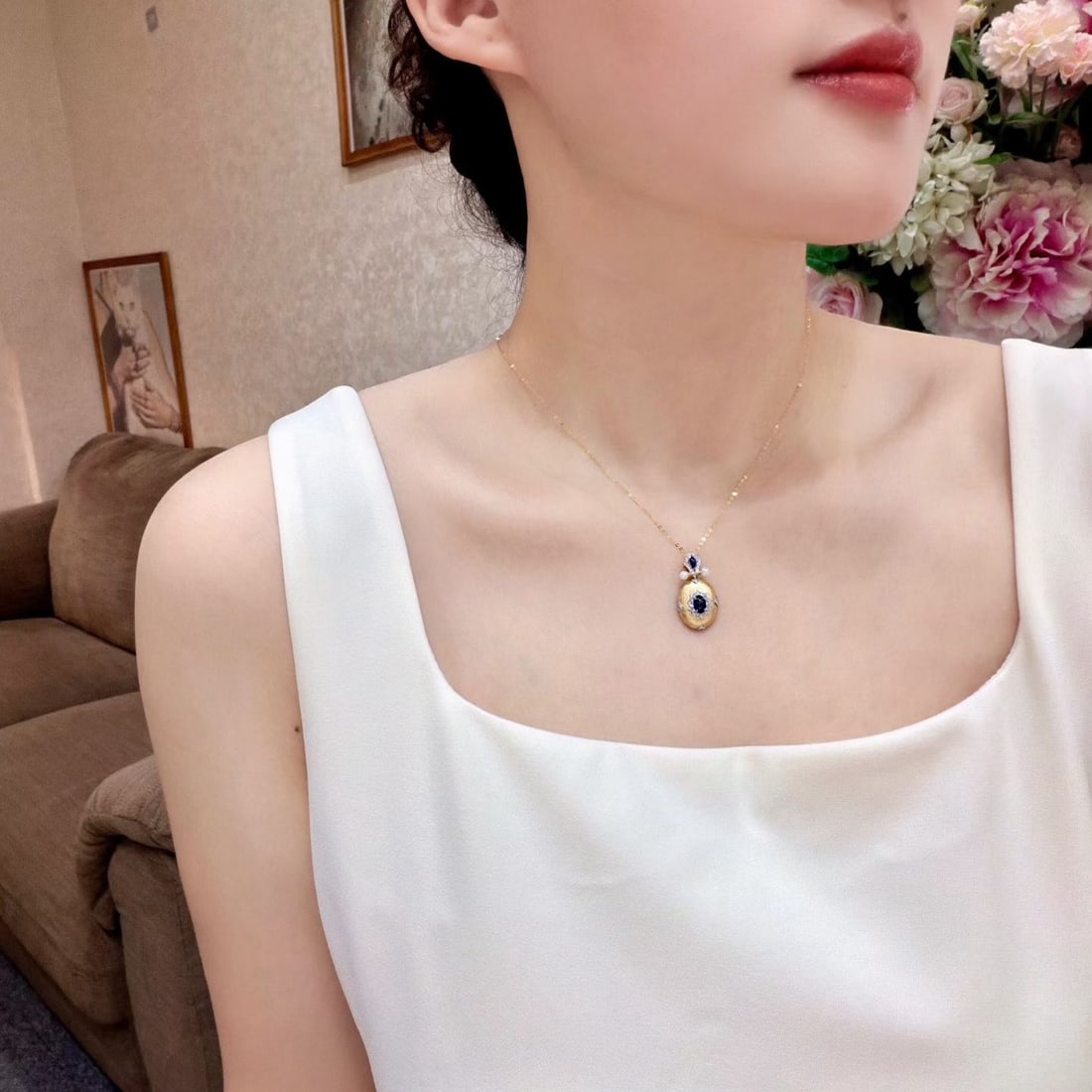 14k Gold 0.87 Ctw Natural Sapphire & Diamond Pendant( Without Chain ) - 4