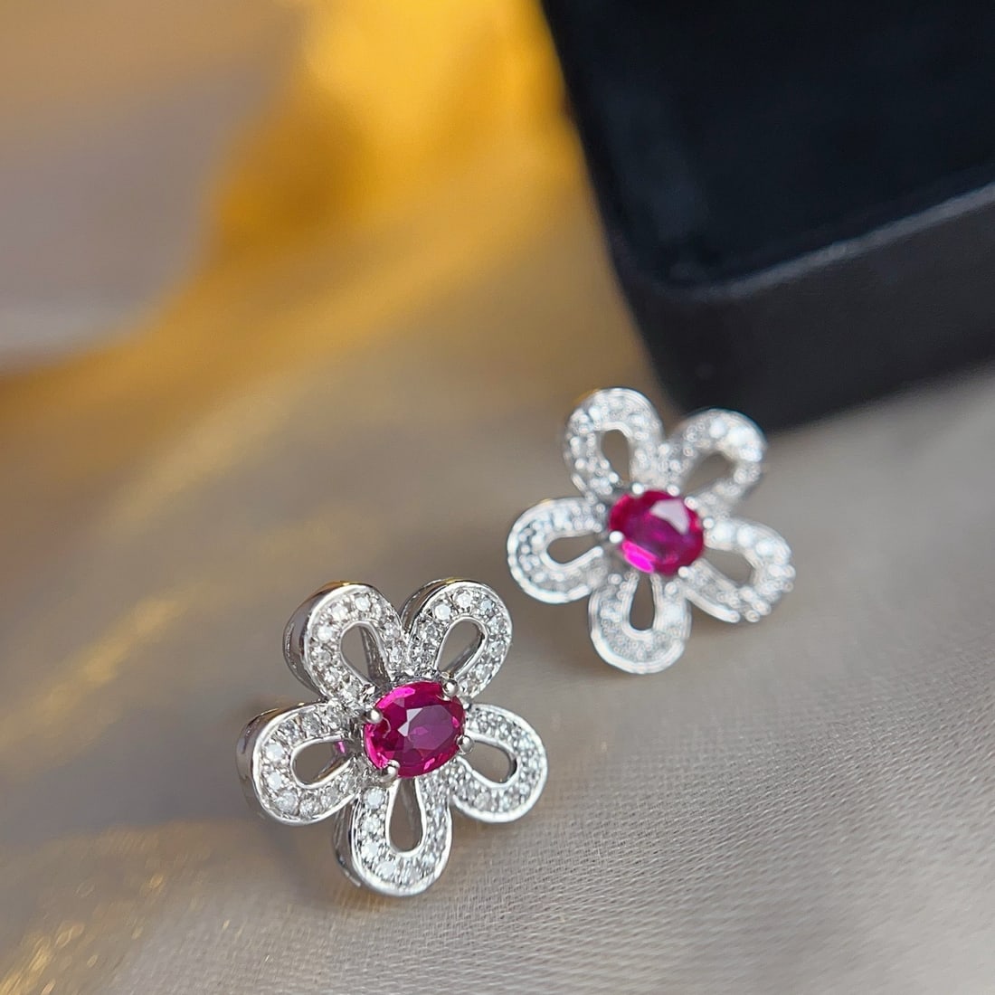 14k Gold 1.15 Ct Natural Ruby & Diamond & Flowers Earrings: Ref:231174376 // gold content:14k gold // main gemstone:ruby // shape:oval // carat weight:1. 15ct // color:red // treatment:natural // // adjacent gemstone 2 : diamond // number of stones:90 //