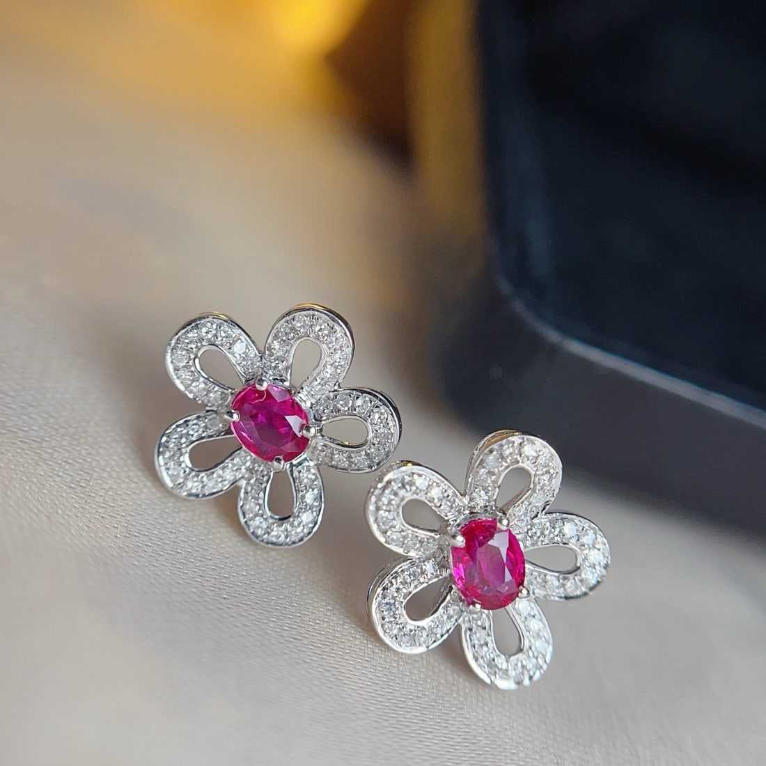 14k Gold 1.15 Ct Natural Ruby & Diamond & Flowers Earrings - 2