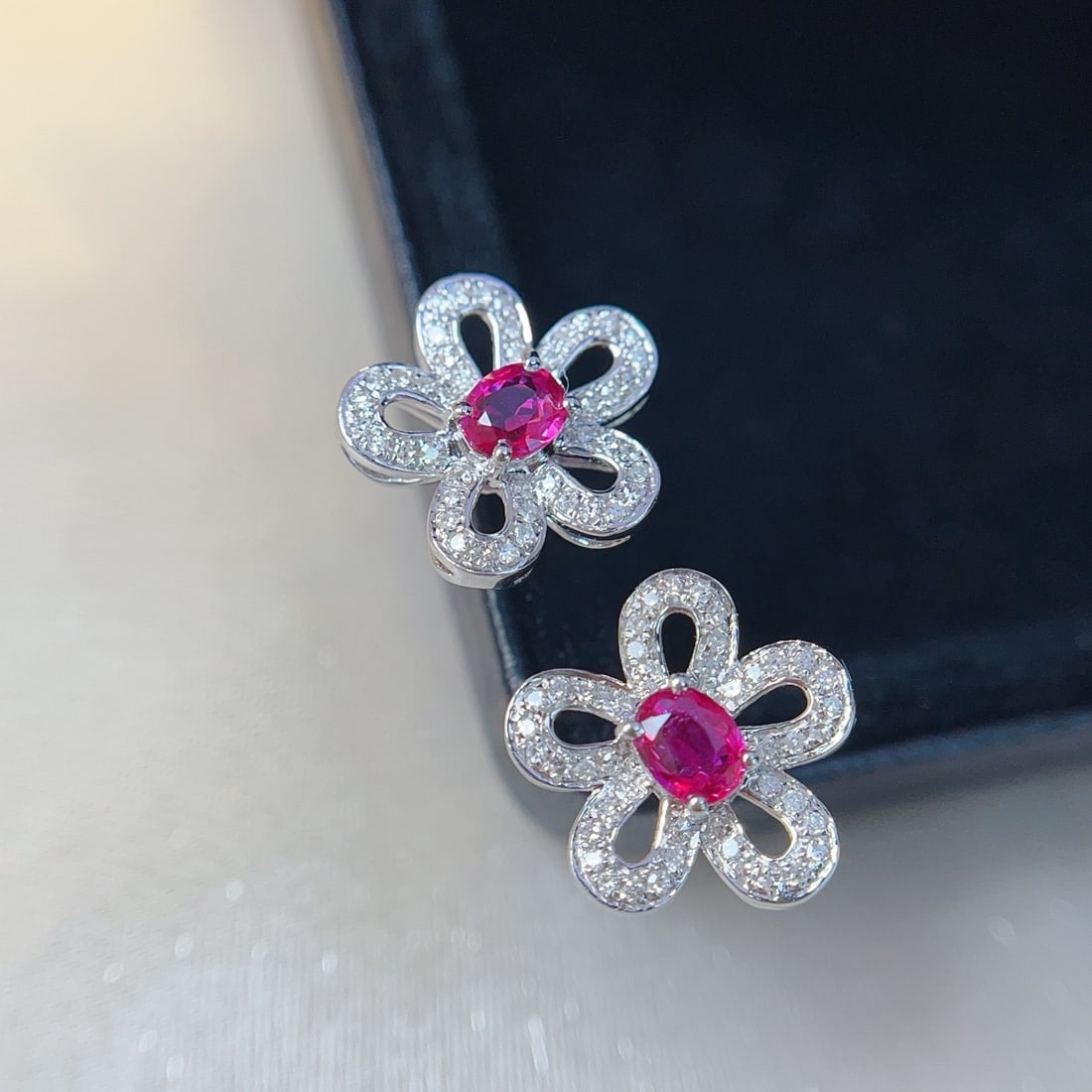 14k Gold 1.15 Ct Natural Ruby & Diamond & Flowers Earrings - 3
