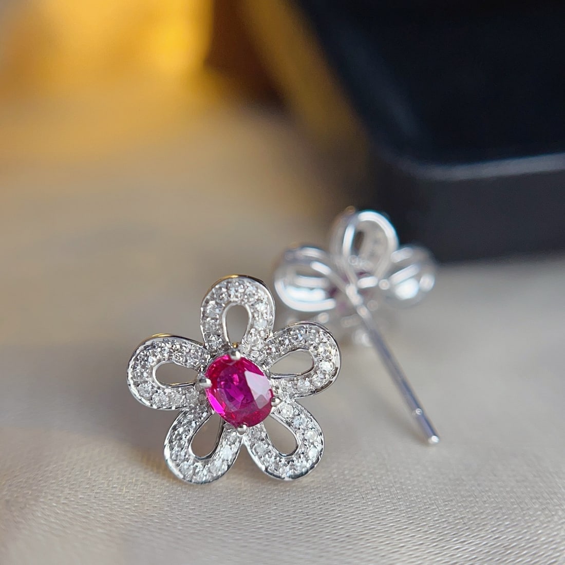 14k Gold 1.15 Ct Natural Ruby & Diamond & Flowers Earrings - 4