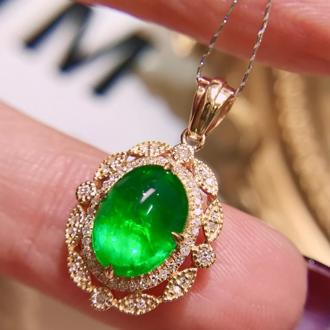 14k Gold 2.13 Ctw Natural Emerald & Diamond Pendant( Without Chain ) - 2