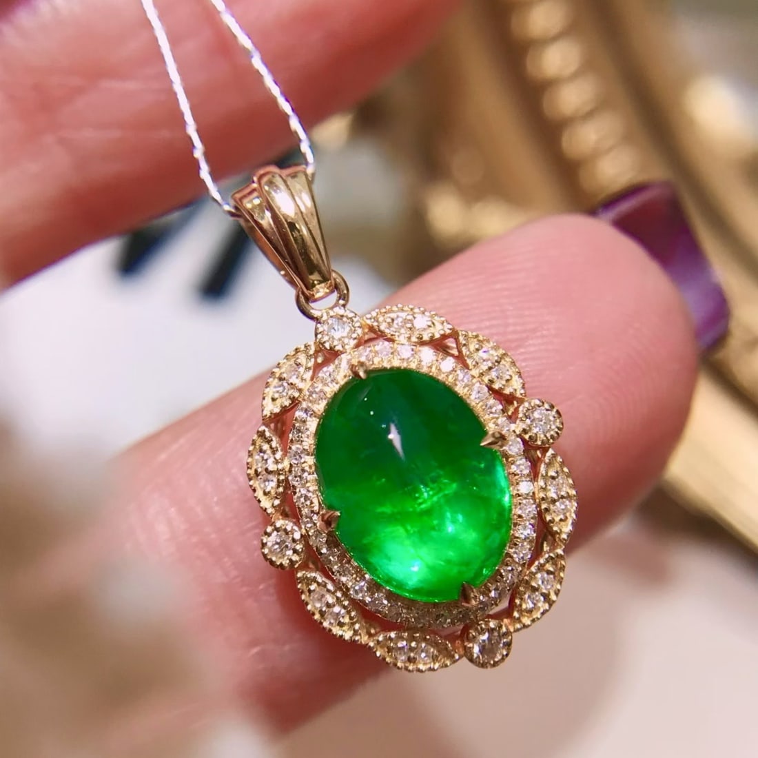 14k Gold 2.13 Ctw Natural Emerald & Diamond Pendant( Without Chain ) - 3