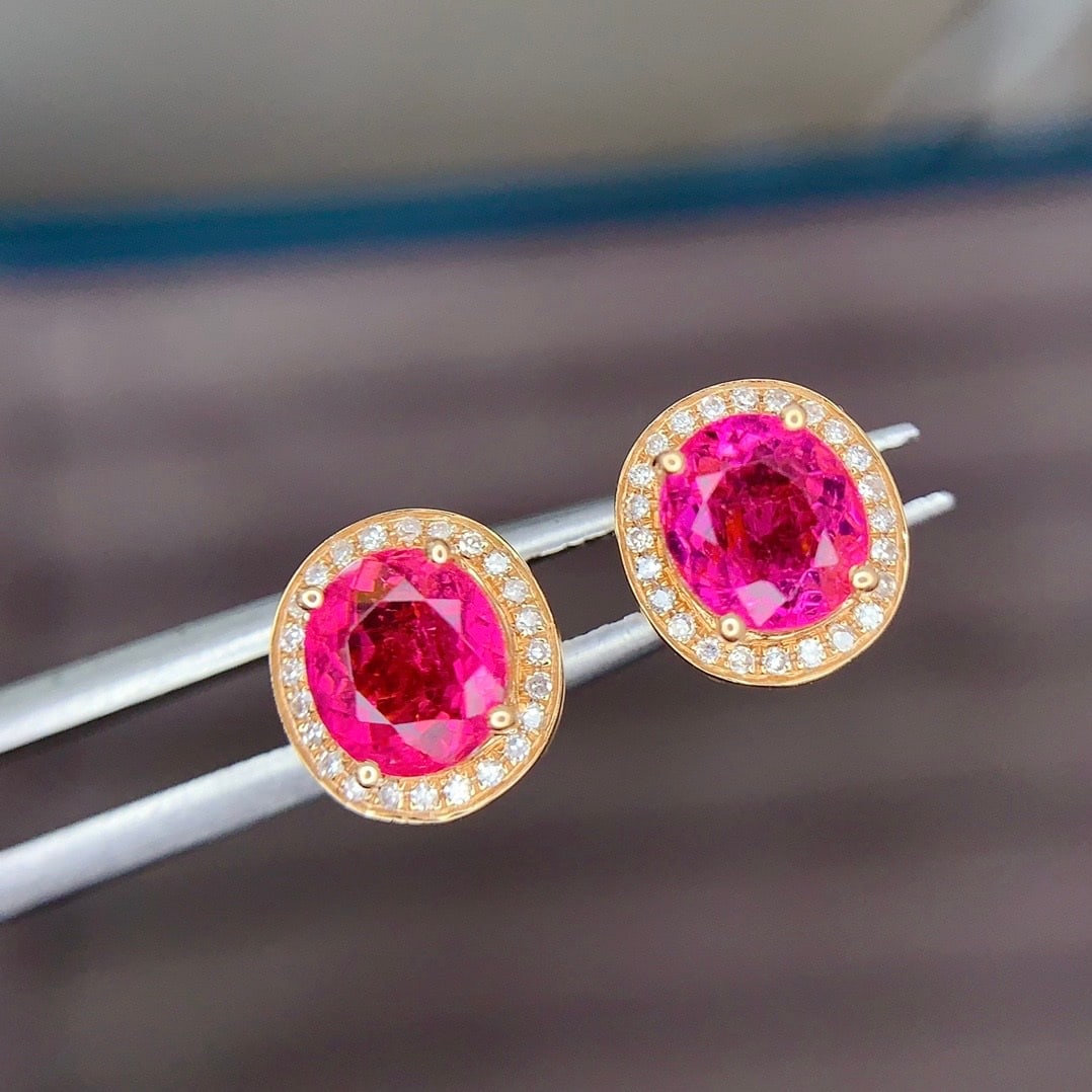 14k Gold 1.8 Ct Natural Tourmaline & Diamond Earrings - 4