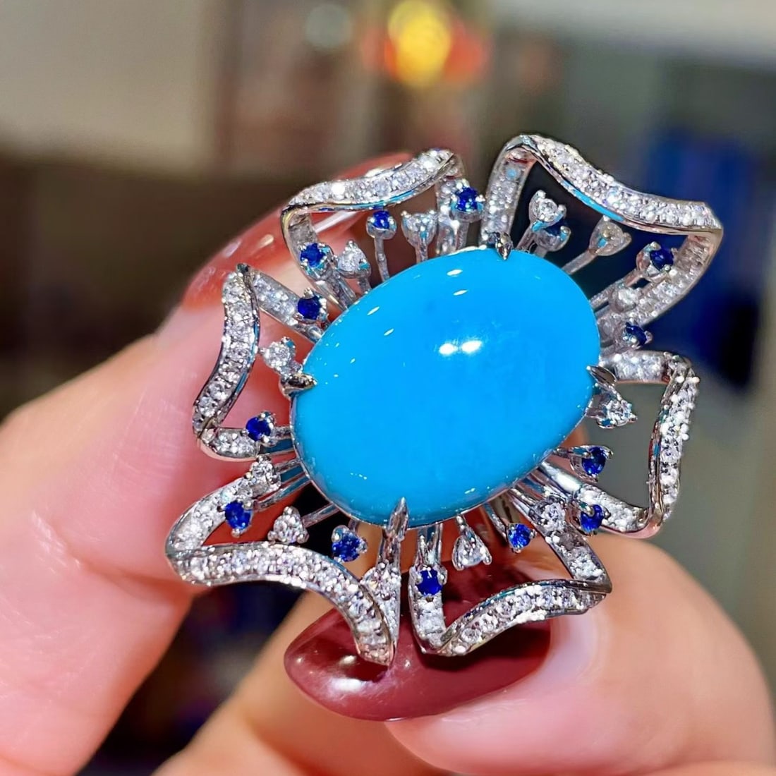 14k Gold 9.76 Ctw Natural Blue Turquoise & Sapphire Ring - 2