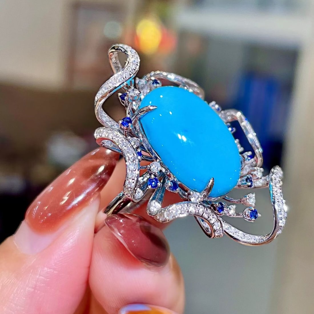 14k Gold 9.76 Ctw Natural Blue Turquoise & Sapphire Ring - 3