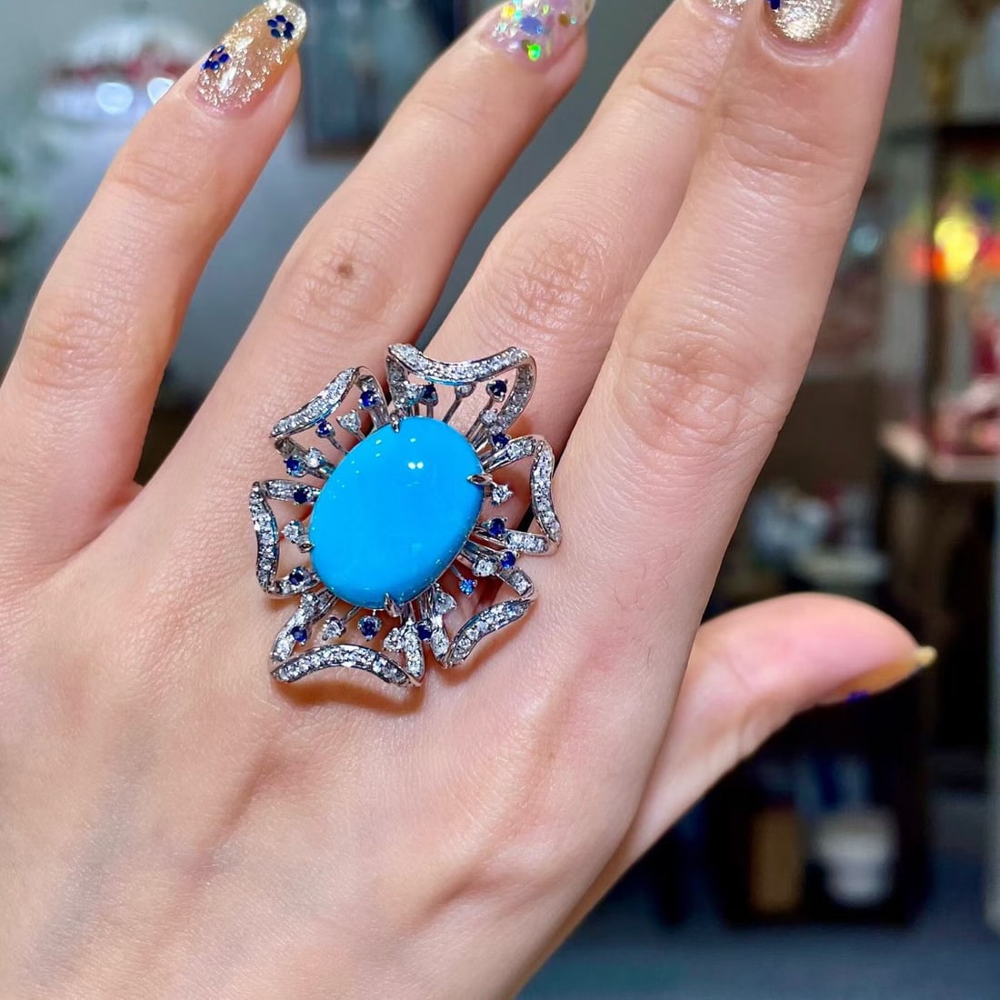 14k Gold 9.76 Ctw Natural Blue Turquoise & Sapphire Ring - 4