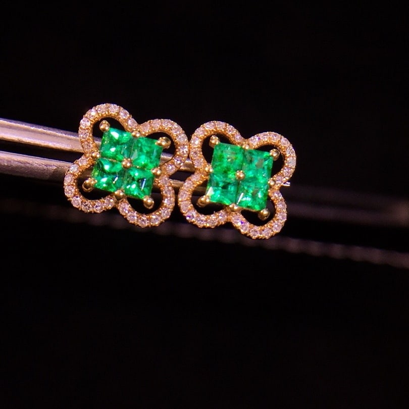14k Gold 1.2 Ct Natural Emerald & Diamond Earrings - 2