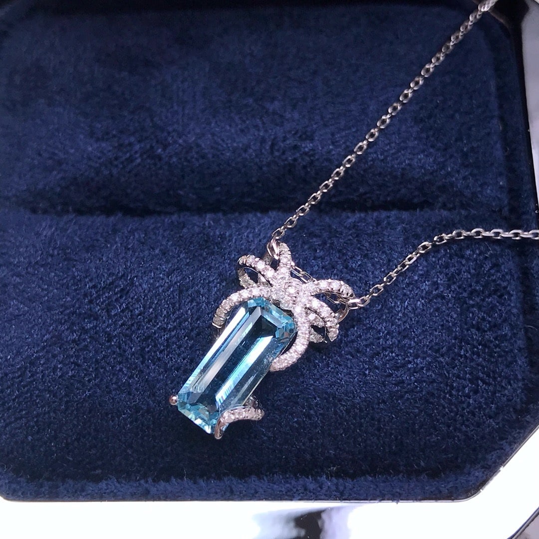 14k Gold 1.40 Ctw Natural Aquamarine & Diamond Pendant( Without Chain ) - 3
