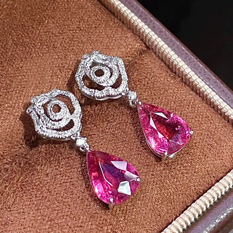 14k Gold 2.78 Ct Natural Tourmaline & Diamond Earrings - 2