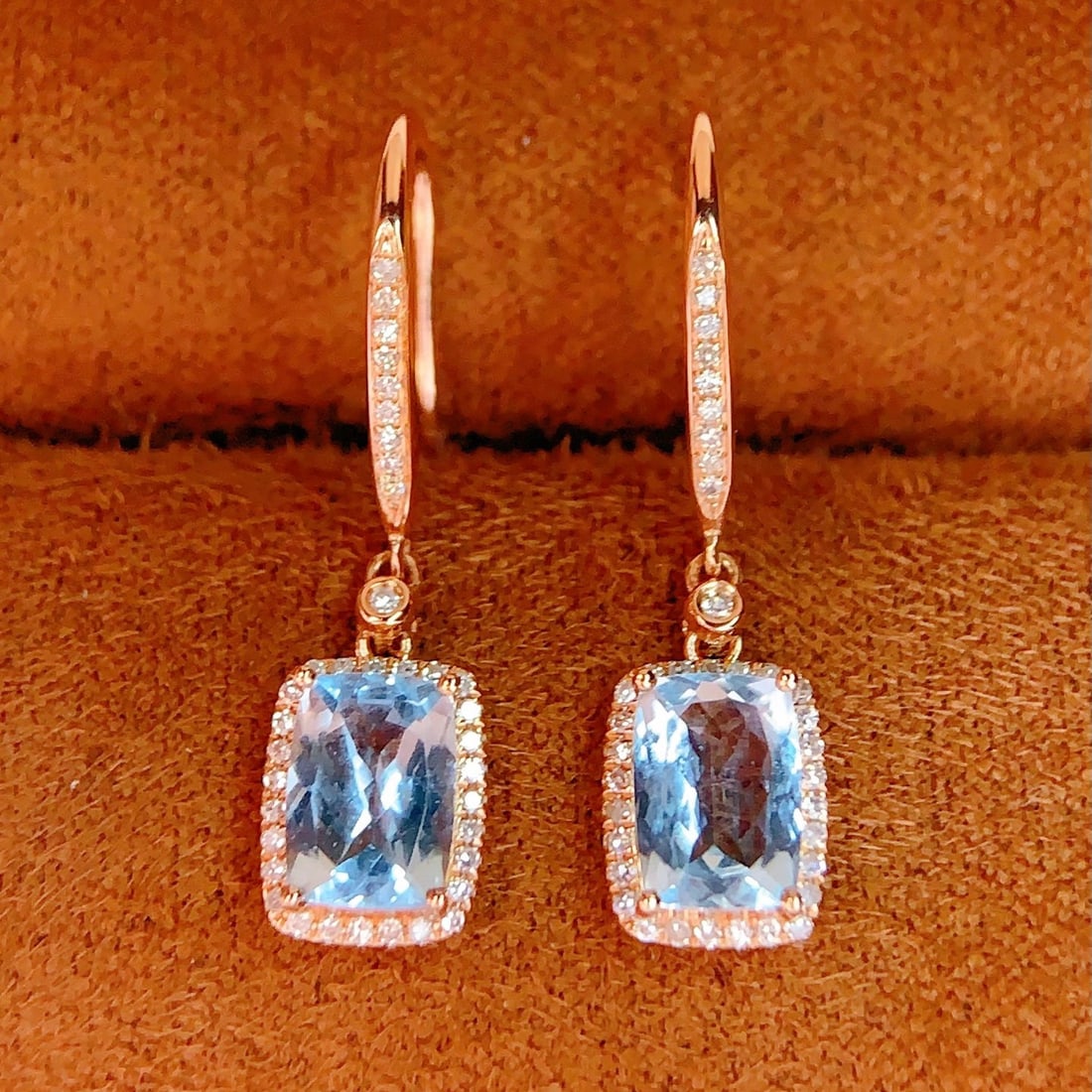 14k Gold 2 Ct Natural Aquamarine & Diamond Earrings - 2