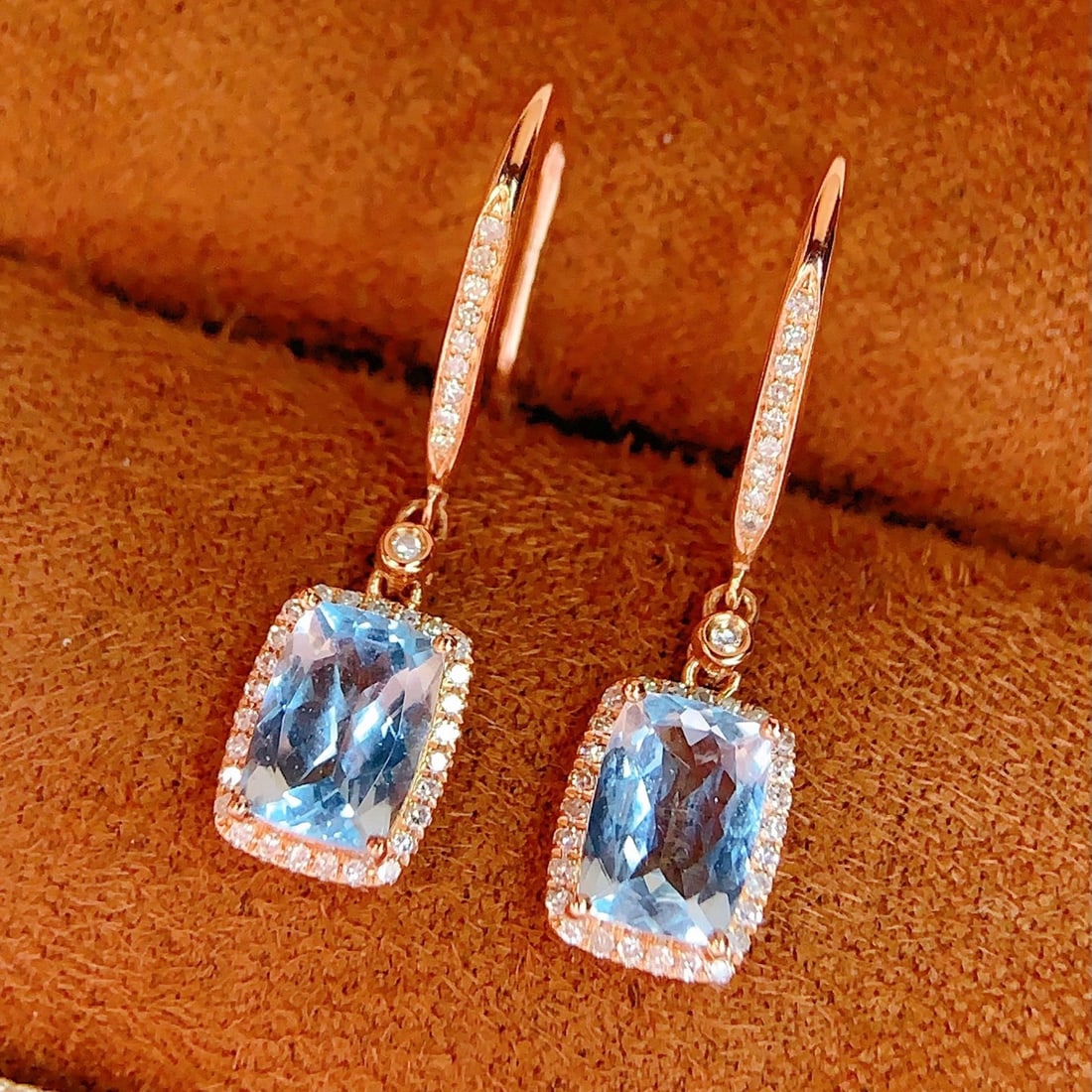 14k Gold 2 Ct Natural Aquamarine & Diamond Earrings - 3