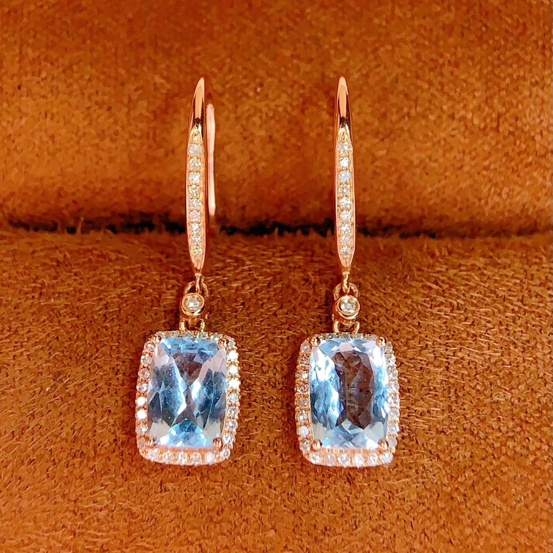 14k Gold 2 Ct Natural Aquamarine & Diamond Earrings - 4