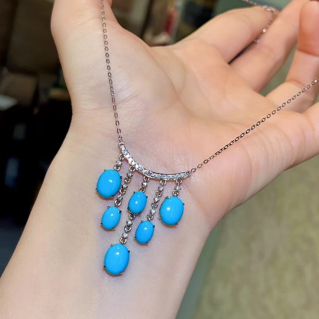 14k Gold 7.73 Ctw Natural Blue Turquoise & Diamond Necklace - 3