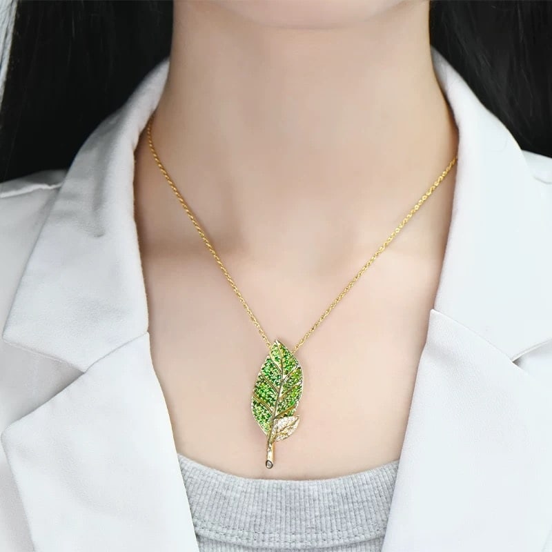 14k Gold 2.96 Ctw Natural Tsavorite & Diamond Brooch/pendant( Without Chain ) - 2