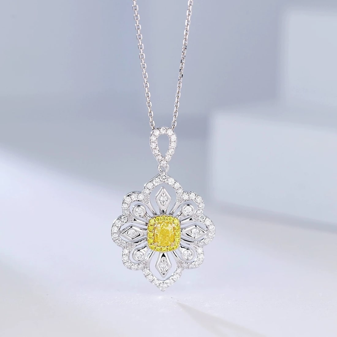 14k Gold 0.62 Ctw Natural Yellow Diamond & Diamond Necklace: Ref:230947032 // gold content:14k gold // main gemstone:yellow diamond // shape:cushion // carat weight:0. 21ct // color:yellow // treatment:natural // // adjacent gemstone 2 : diamond // shape:round