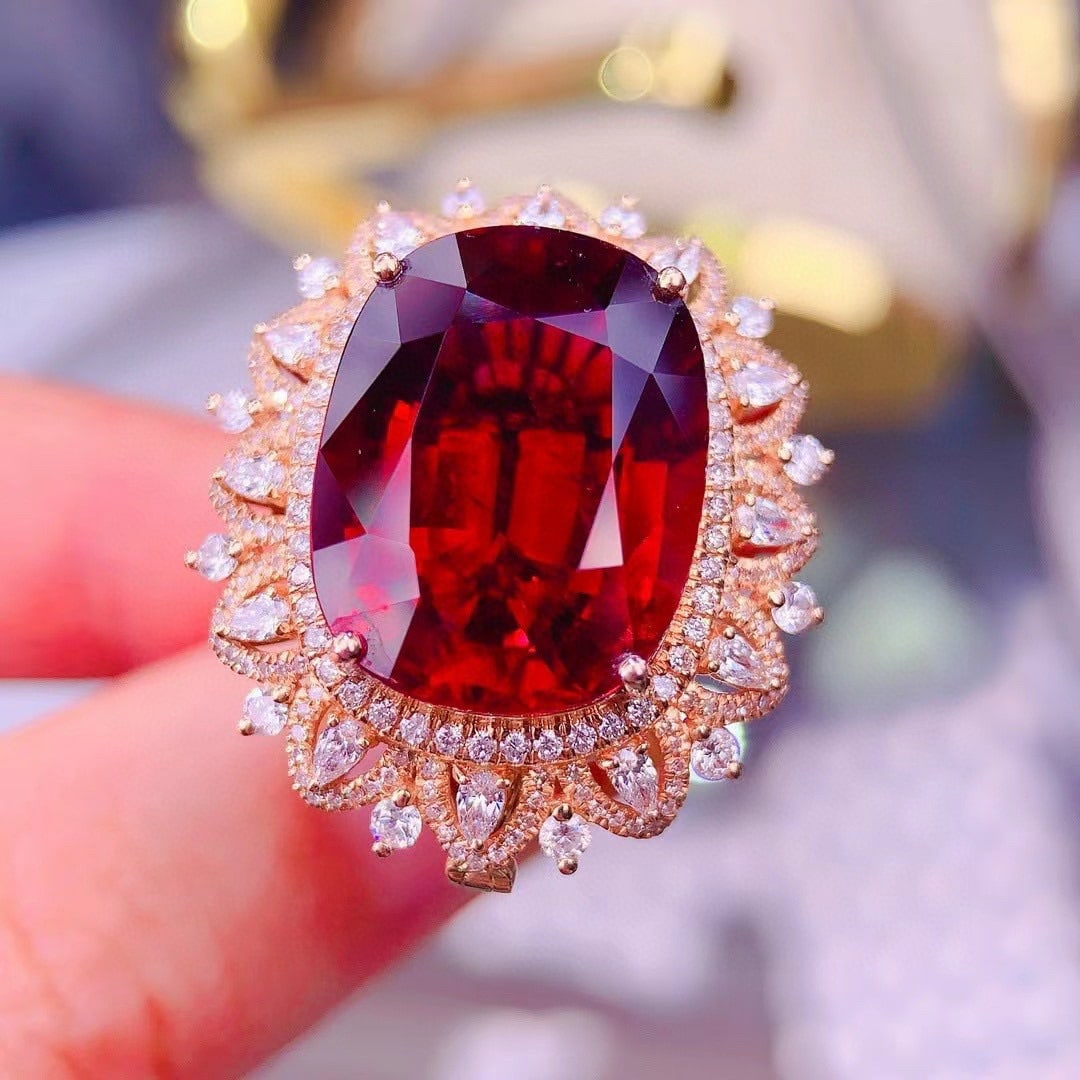 14k Gold 15.58 Ct Natural Tourmaline & Diamond Ring/pendant( Without Chain ): Ref:230947077 // gold content:14k gold // ring size:7. 25us // // main gemstone:tourmaline // shape:cushion // carat weight:15. 58ct // color:red // treatment:natural // // adjacent gemstone 2 : diamo