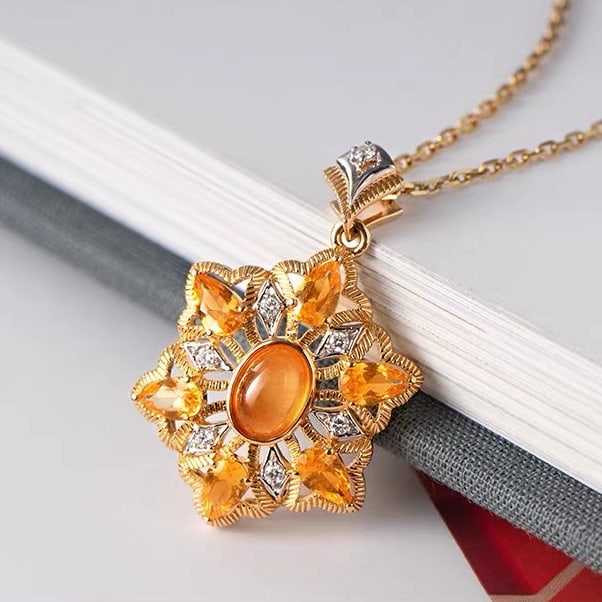 14k Gold 2.5 Ct Natural Spessartine & Diamond Pendant( Without Chain ) - 5
