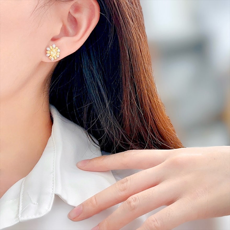 14k Gold 1 Ct Natural Color Diamond & Flowers Earrings - 4