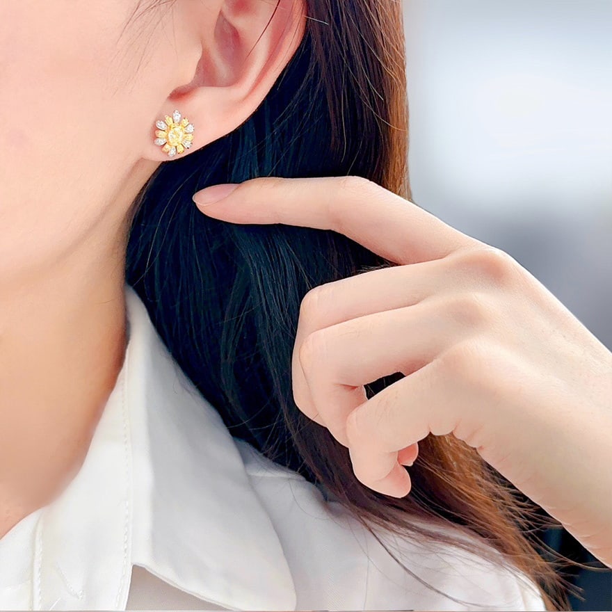 14k Gold 1 Ct Natural Color Diamond & Flowers Earrings - 5