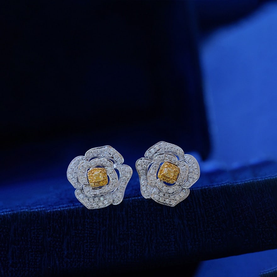 14k Gold 1.20 Ct Natural Color Diamond & Flowers Earrings - 4