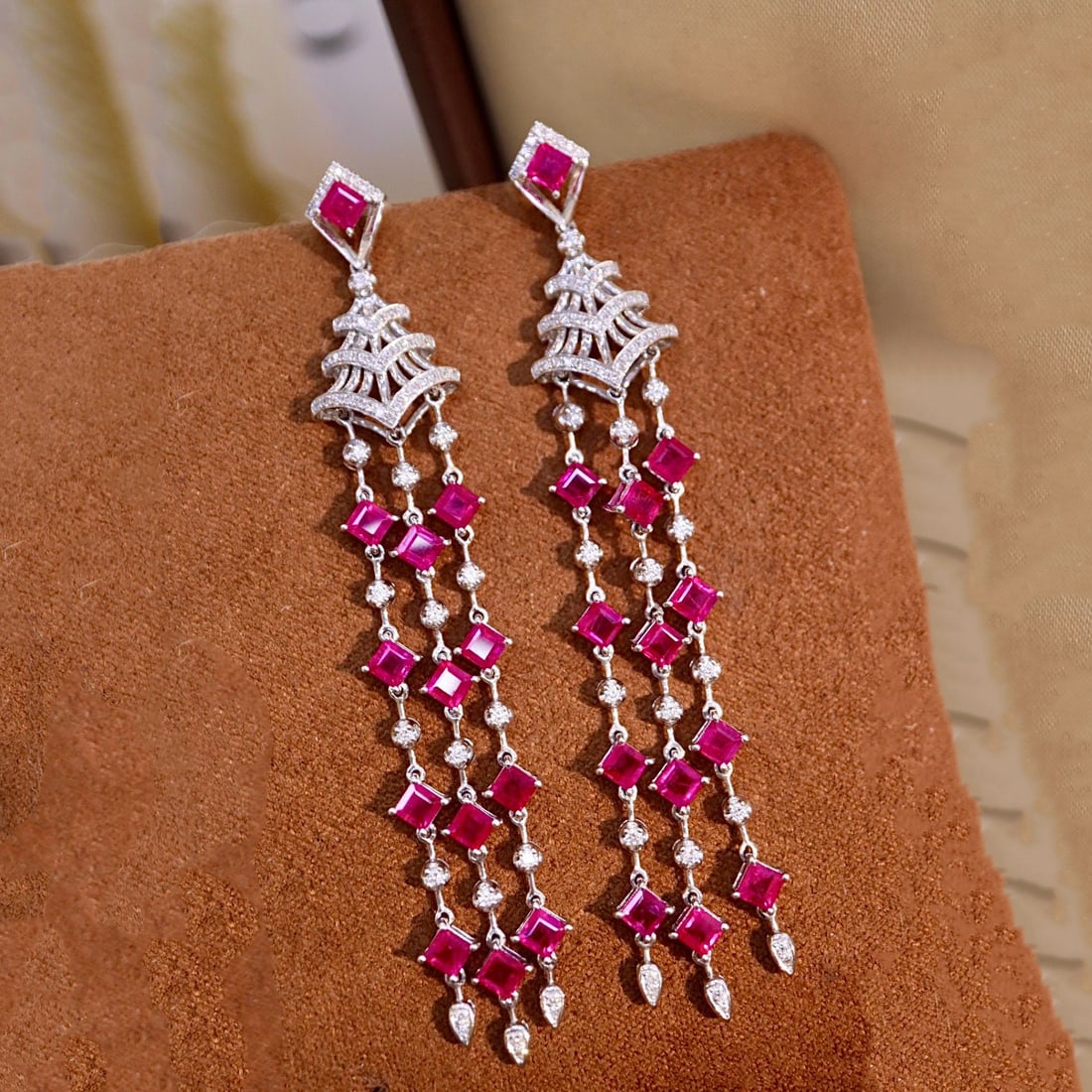 14k Gold 6.56 Ctw Natural Ruby & Diamond Earrings: Ref:230947127 // gold content:14k gold // main gemstone:ruby // shape:square // carat weight:6ct // color:red // treatment:natural // // adjacent gemstone 2 : diamond // shape:round // carat