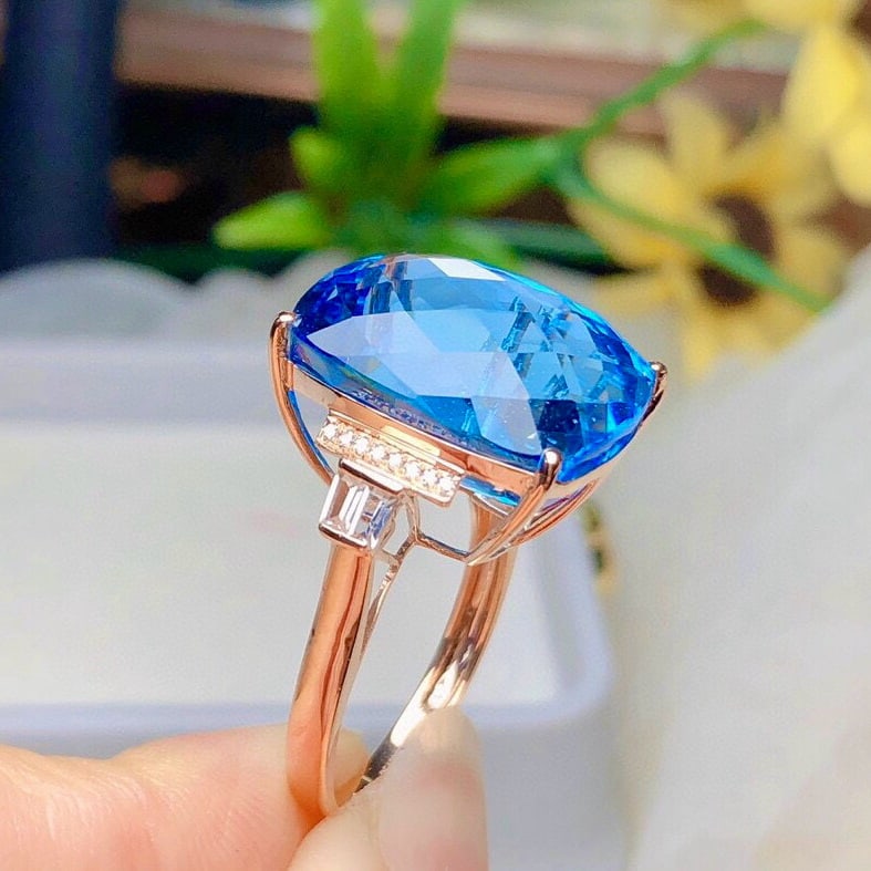 14k Gold 23.3 Ct Natural Topaz & Diamond & Sapphire Ring - 5