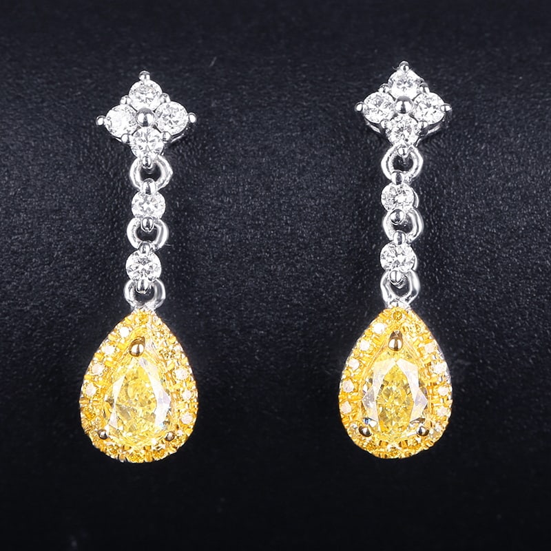 14k Gold 0.72 Ctw Natural Yellow Diamond & Diamond Earrings: Ref:230947166 // gold content:14k gold // main gemstone:yellow diamond // shape:pear // carat weight:0. 45ct // color:yellow // treatment:natural // // adjacent gemstone 2 : diamond // shape:round //