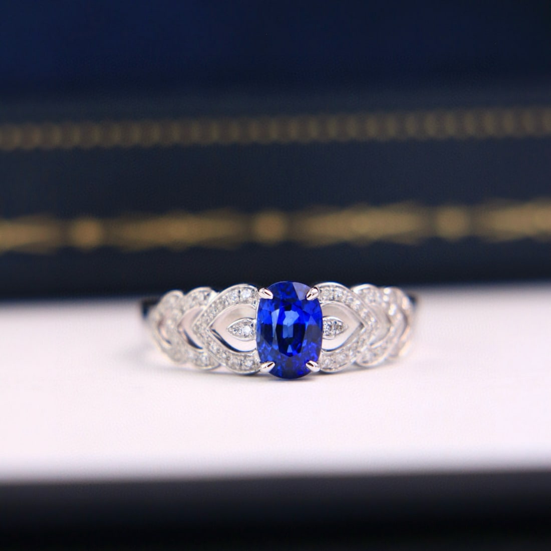 14k Gold 1.23 Ctw Natural Sapphire & Diamond Ring: Ref:230947209 // gold content:14k gold // ring size:7. 25us // // main gemstone:sapphire // shape:oval // carat weight:1. 11ct // color:royal blue // treatment:natural // // adjacent gemstone 2 :
