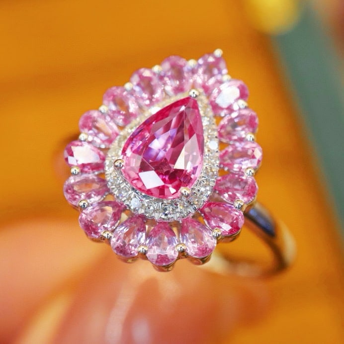 14k Gold 1.91 Ctw Natural Padparadscha Sapphire & Diamond Ring: Ref:230947217 // gold content:14k gold // ring size:7. 25us // // main gemstone:padparadscha sapphire // shape:pear // carat weight:1. 84ct // color:orangish pink // treatment:natural // //