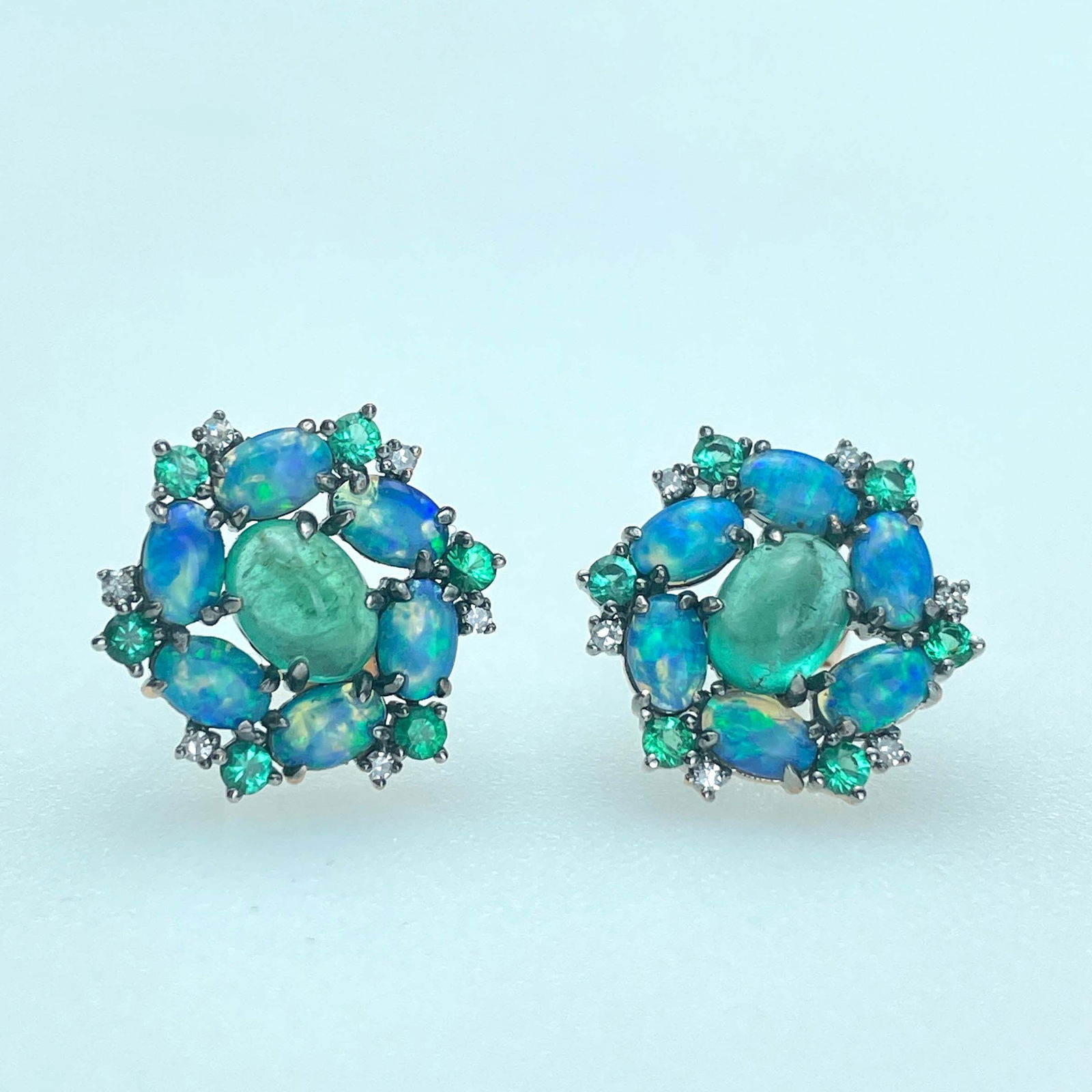 14k Gold 1 Ct Natural Emerald & Opal & Diamond & Emerald Earrings - 3