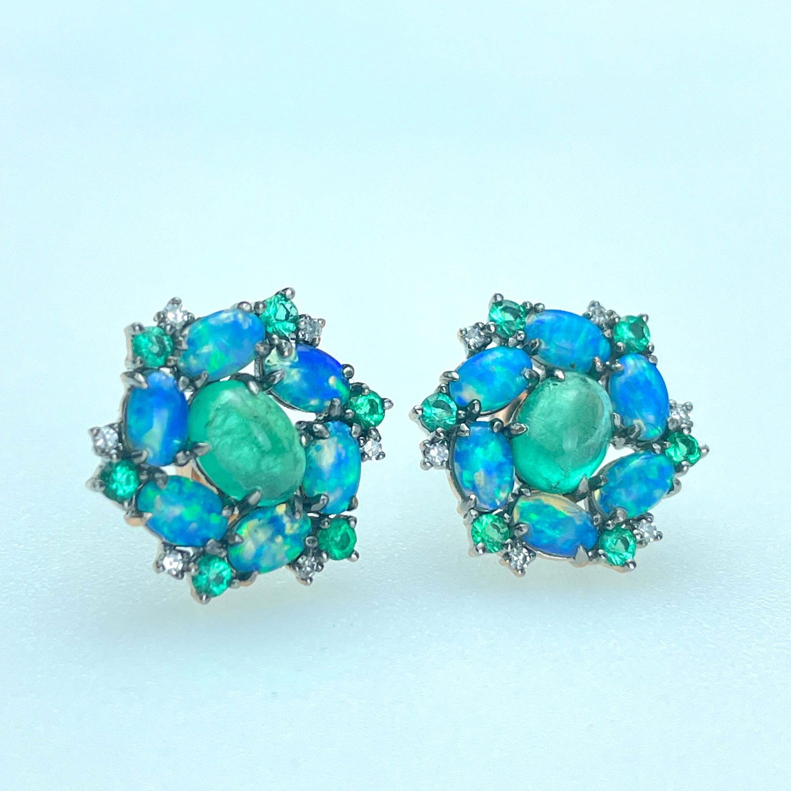 14k Gold 1 Ct Natural Emerald & Opal & Diamond & Emerald Earrings - 5