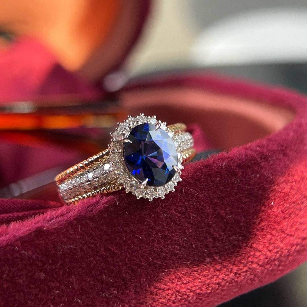 14k Gold 2.24 Ctw Natural Sapphire & Diamond Ring: Ref:230948043 // gold content:14k gold // ring size:7. 25us // // main gemstone:sapphire // shape:oval // carat weight:1. 85ct // color:blue // treatment:natural // // adjacent gemstone 2 : diamond //