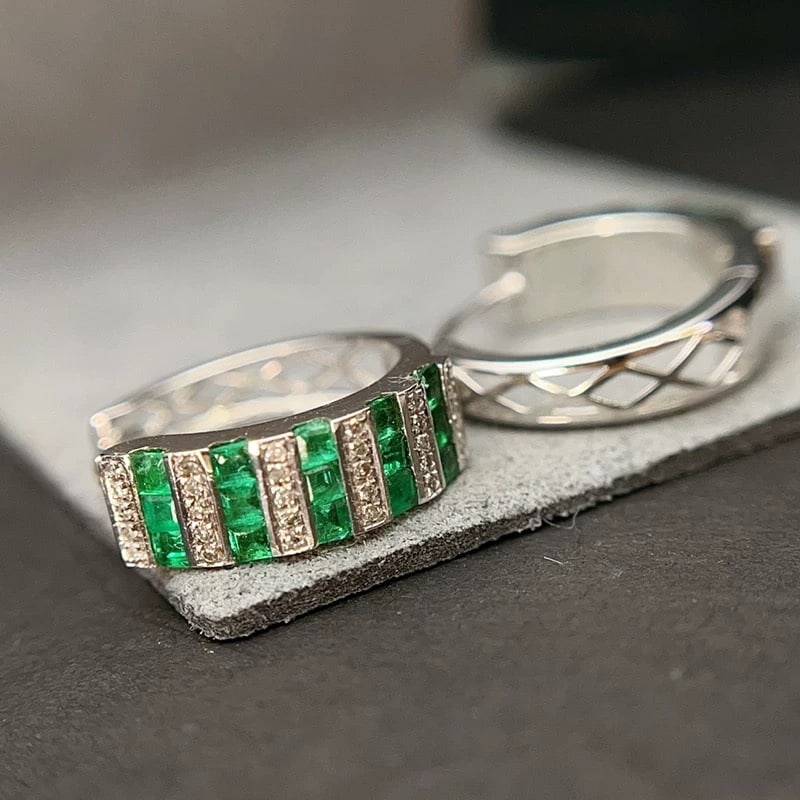 14k Gold 1.30 Ct Natural Emerald & Diamond Earrings - 2