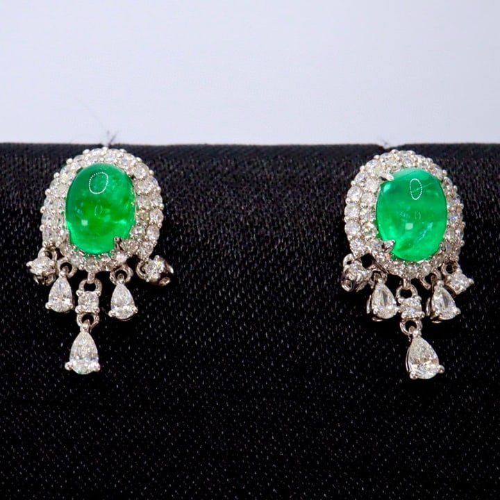 14k Gold 3.11 Ctw Vivid Green Natural Emerald & Diamond Earrings - 3