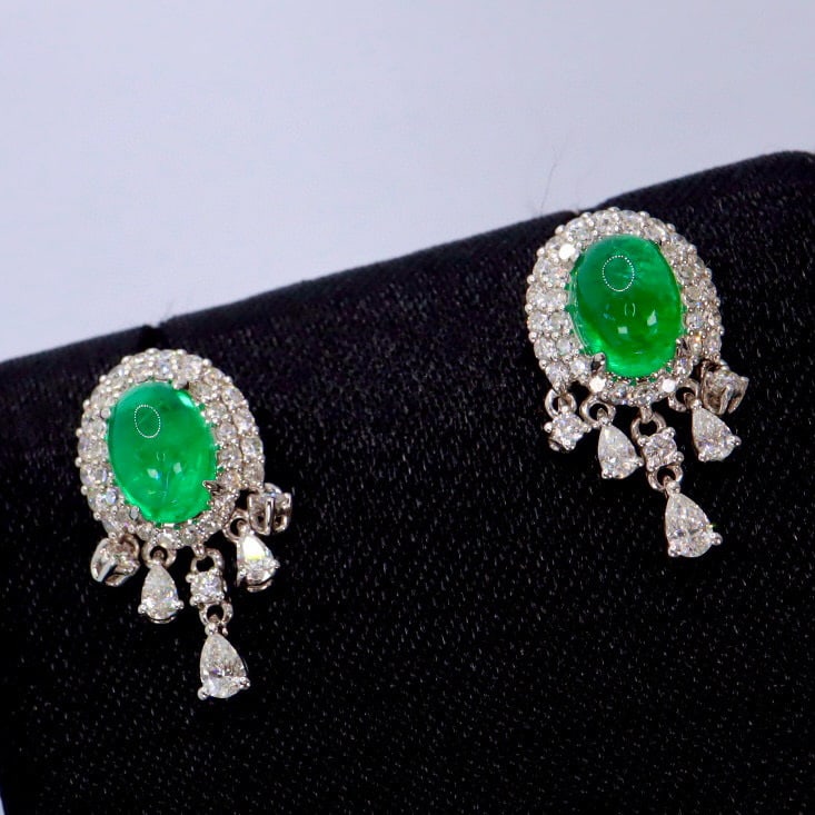 14k Gold 3.11 Ctw Vivid Green Natural Emerald & Diamond Earrings - 4
