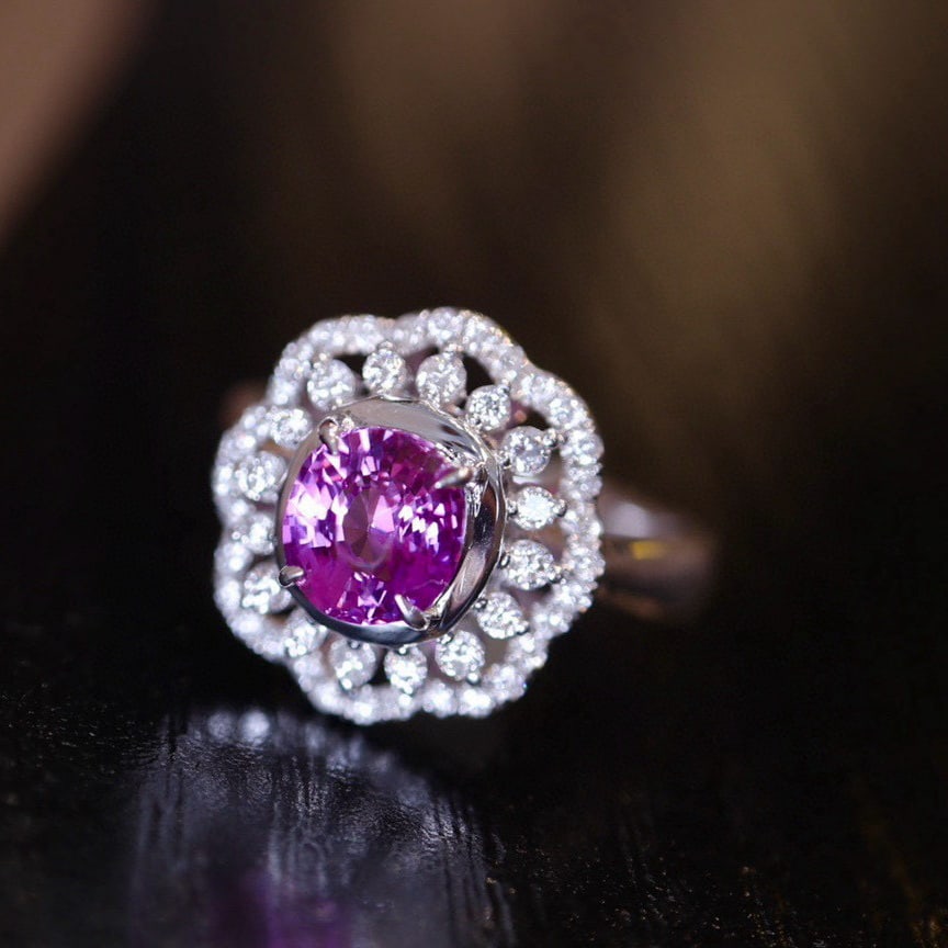 14k Gold 1.28 Ct Natural Sapphire & Diamond Ring: Ref:230948153 // gold content:14k gold // ring size:7. 25us // // main gemstone:sapphire // shape:cushion // carat weight:1. 28ct // color:purple // treatment:natural // // adjacent gemstone 2 : diamo