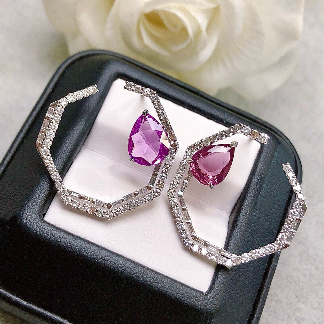 14k Gold 4.84 Ctw Natural Sapphire & Diamond Earrings: Ref:230948239 // gold content:14k gold // main gemstone:sapphire // shape:pear // carat weight:3. 34ct // color:purple // treatment:natural // // adjacent gemstone 2 : diamond // shape:multiply //