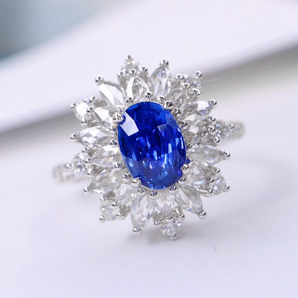 14k Gold 1.86 Ctw Natural Sapphire & Diamond Ring: Ref:230948252 // gold content:14k gold // ring size:7. 25us // // main gemstone:sapphire // shape:oval // carat weight:1. 15ct // color:cornflower blue // treatment:natural // // adjacent gemstone 2 :