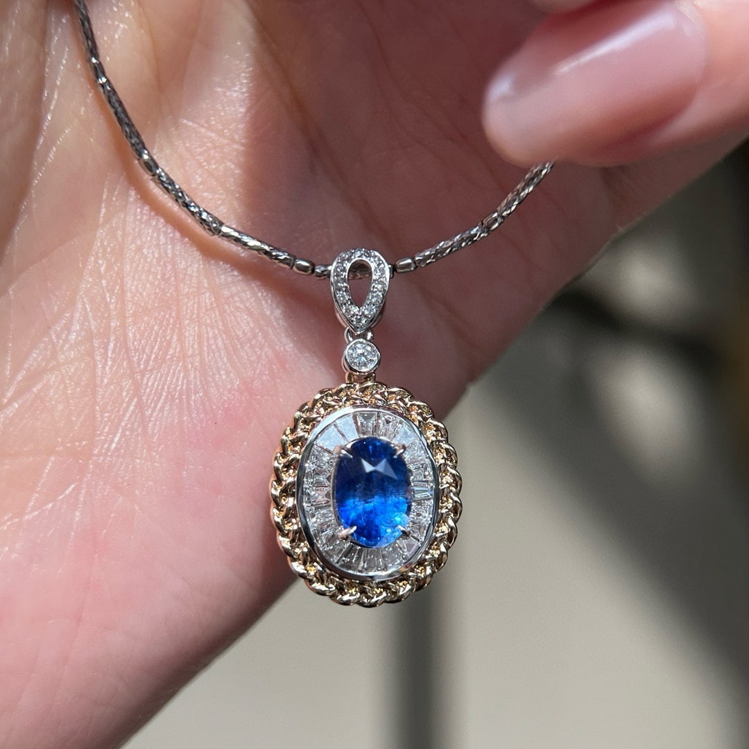 14k Gold 2.30 Ctw Natural Sapphire & Diamond Pendant( Without Chain ): Ref:230948279 // gold content:14k gold // main gemstone:sapphire // shape:oval // carat weight:1. 78ct // color:blue // treatment:natural // // adjacent gemstone 2 : diamond // shape:multiply //