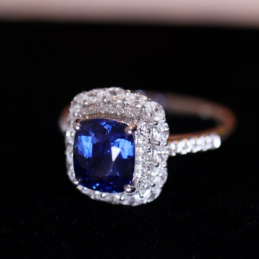 14k Gold 2 Ct Natural Sapphire & Diamond Ring: Ref:230948285 // gold content:14k gold // ring size:7. 25us // // main gemstone:sapphire // shape:cushion // carat weight:2ct // color:royal blue // treatment:natural // // adjacent gemstone 2 : diamo