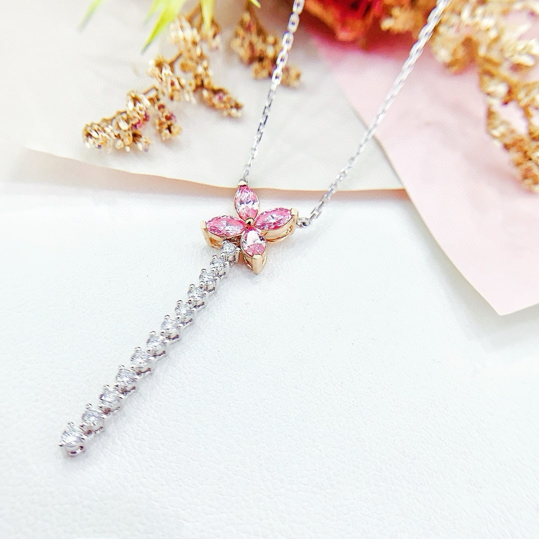 14k Gold 0.87 Ctw Natural Pink Diamond & Diamond Necklace: Ref:230948340 // gold content:14k gold // main gemstone:pink diamond // shape:marquise // carat weight:0. 55ct // color:pink // treatment:natural // // adjacent gemstone 2 : diamond // shape:round
