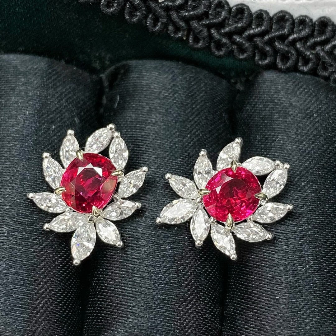 14k Gold 2.12 Ct Natural Ruby & Diamond Earrings: Ref:230948357 // gold content:14k gold // main gemstone:ruby // shape:oval // carat weight:2. 12ct // color:pigeonblood red // treatment:natural // // adjacent gemstone 2 : diamond // shape:marquise /